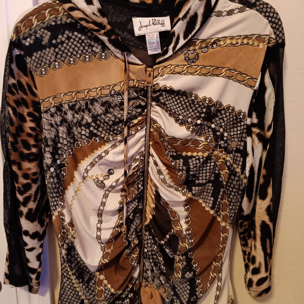 Joseph Riboff Womens Sweater Size 14. Hooded Animal Print Zip Up - Picture 3 of 4